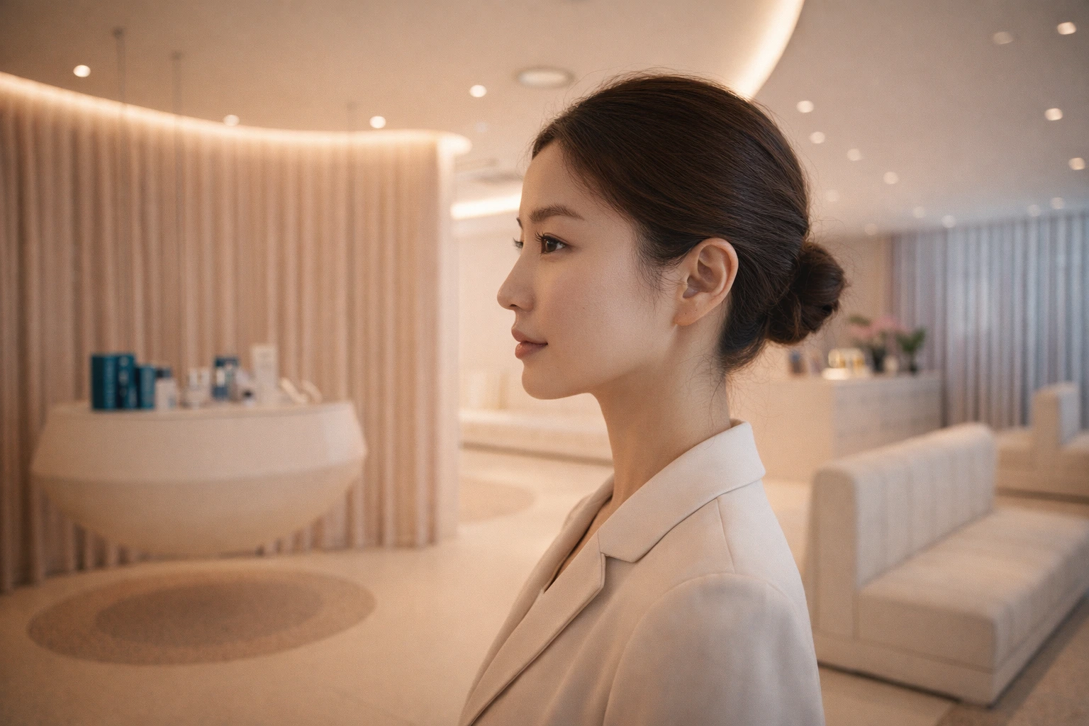 Elegant woman with natural flawless skin, side profile, luxury aesthetic clinic vibe