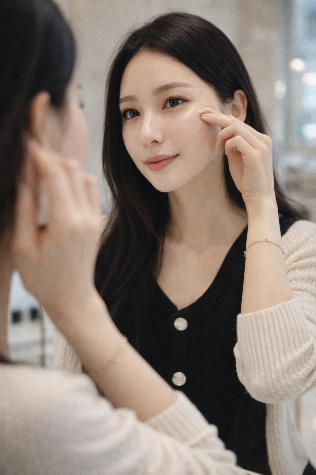 Woman checking skin elasticity