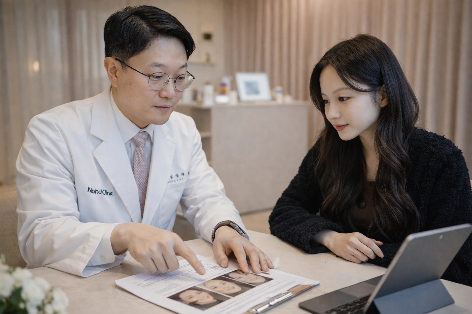 Professional aesthetic consultant discussing treatment plan