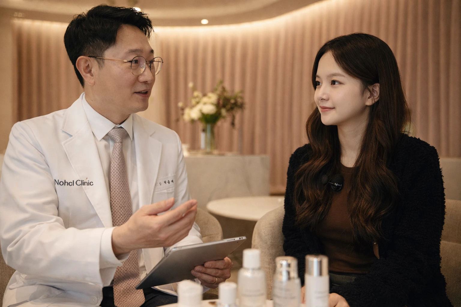 Professional skincare consultant talking with a client in a luxury clinic