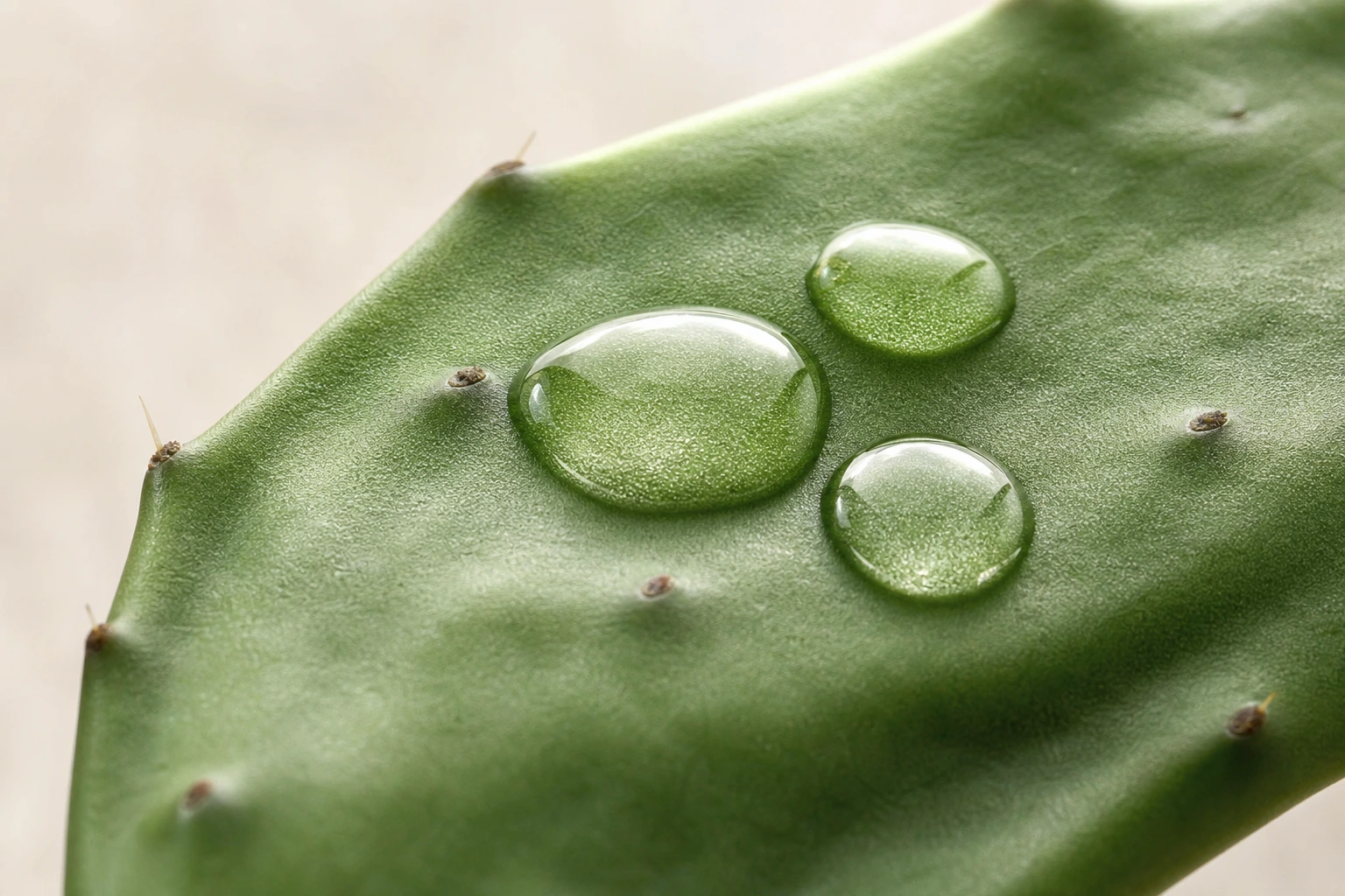Macro shot of clear serum drops on a green prickly pear cactus leaf
