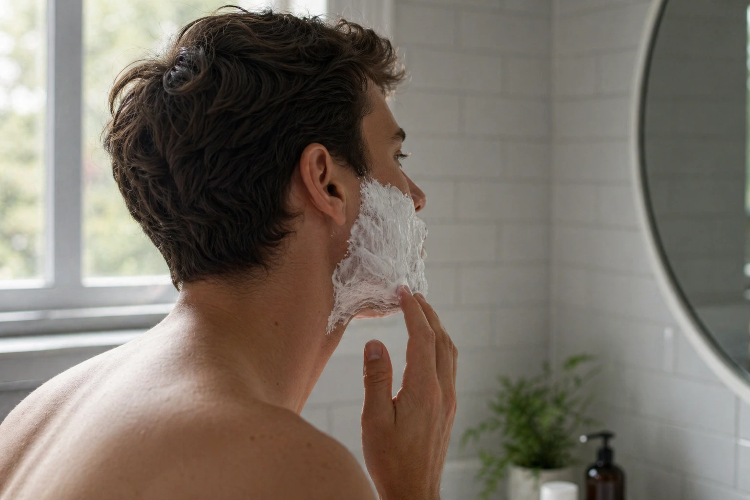 Man shaving face clean bathroom