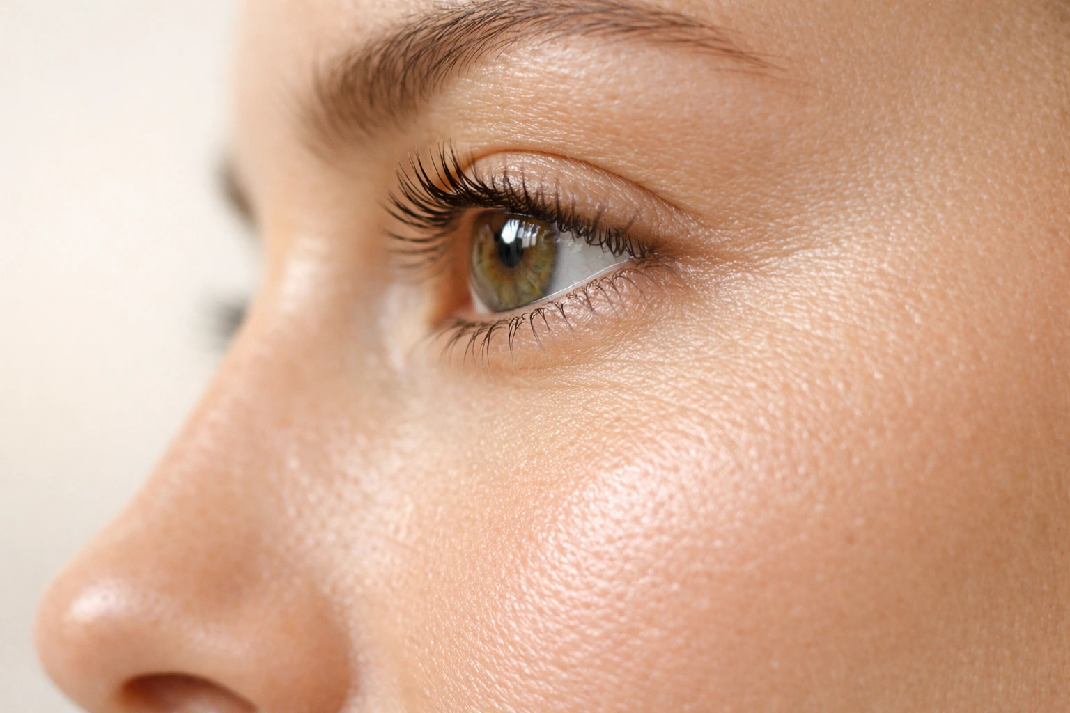 Close up of woman's eye area demonstrating skincare application