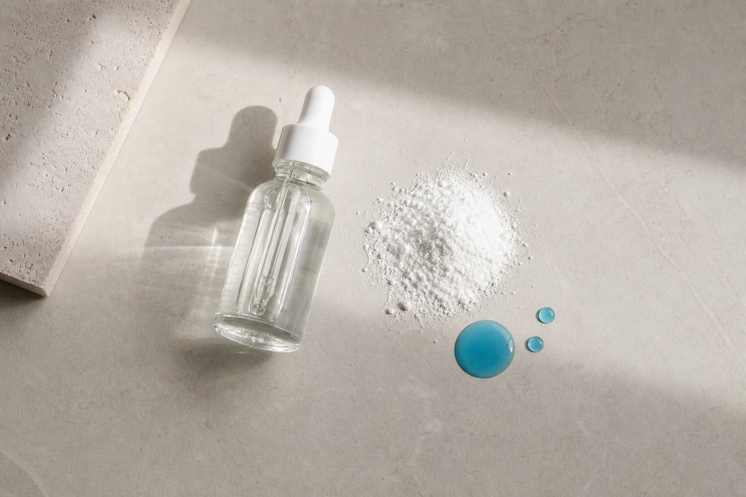 Flat lay of skincare ingredients including a dropper bottle, niacinamide powder, and copper peptides