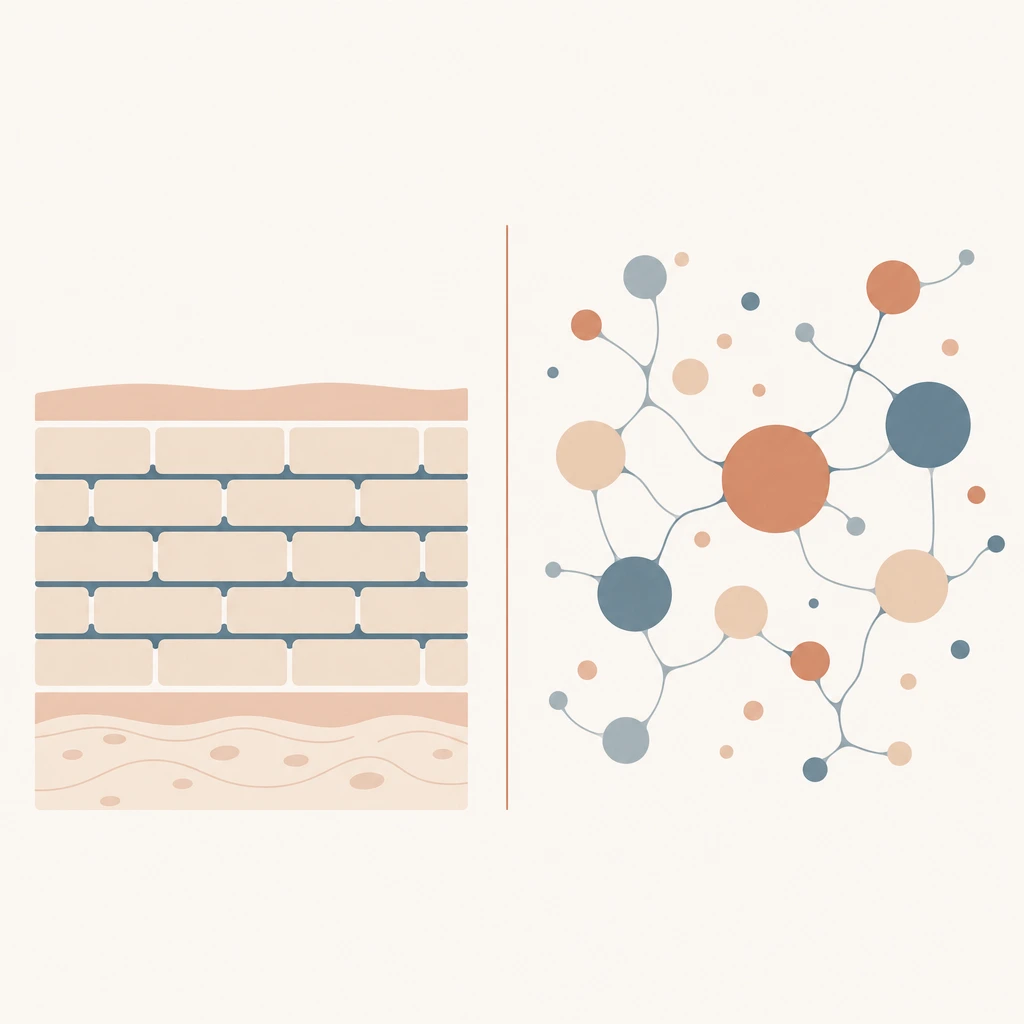 Flat vector diagram showing skin barrier lipid mortar vs biological signaling