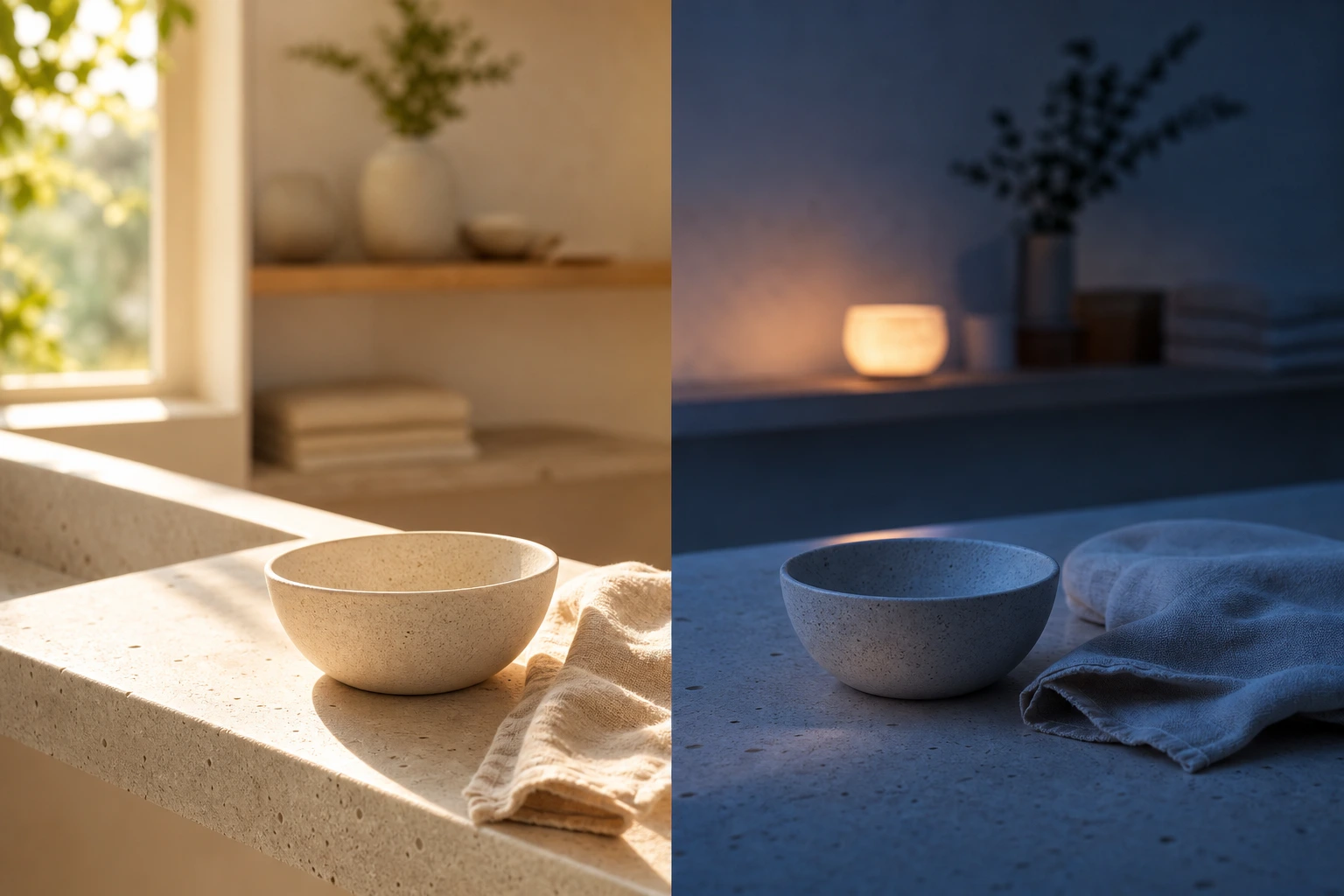 split screen showing a bright sunny day and a calm evening, representing morning and night skincare routines
