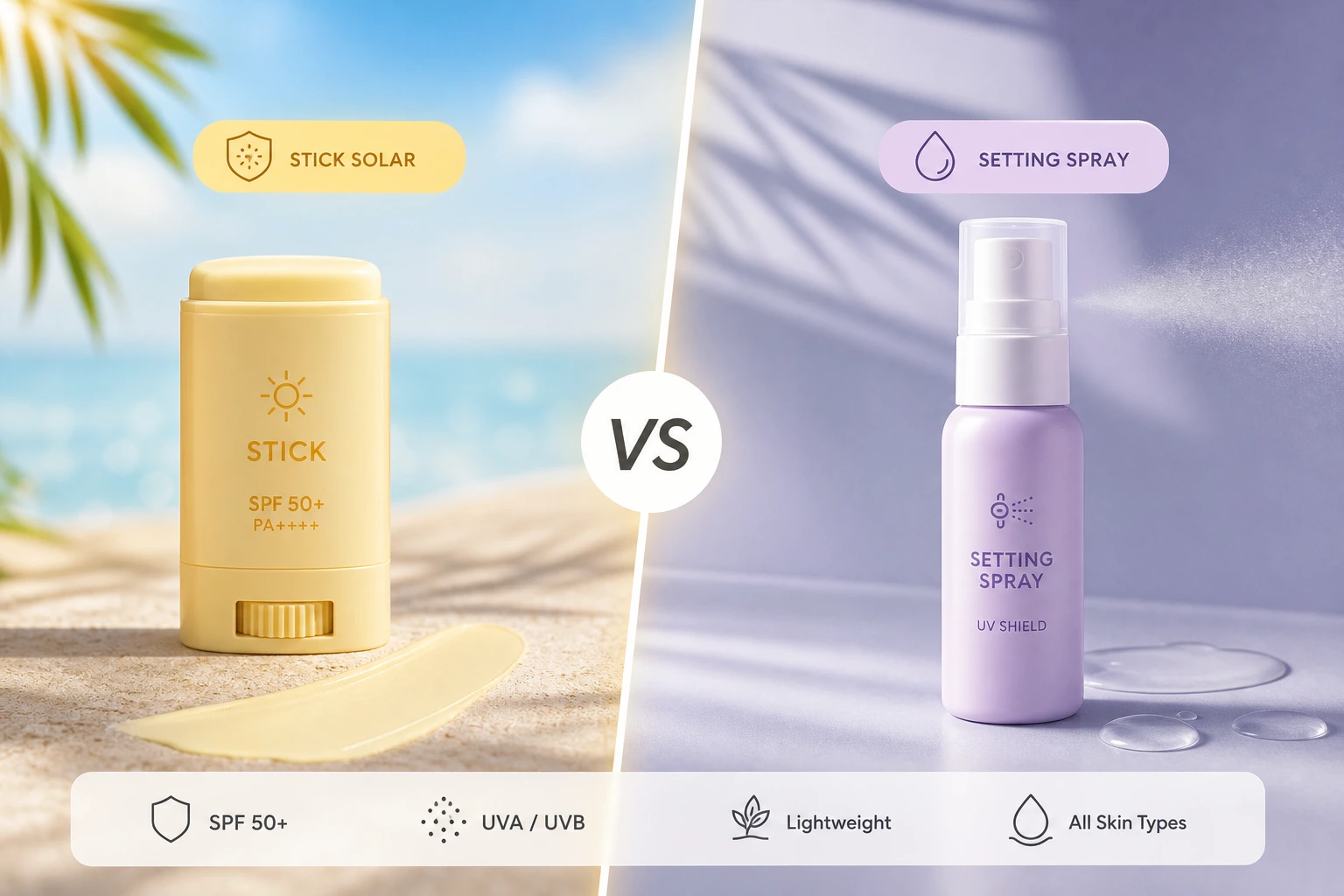 split screen showing solid sun stick application vs dispersed spray mist, scientific clean style