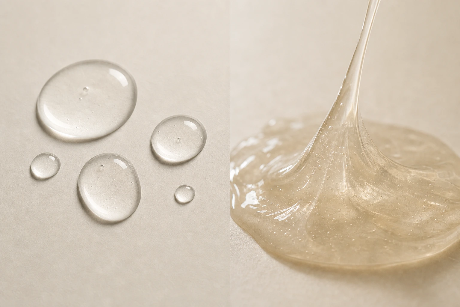 Split screen showing clear lightweight serum drops on one side and viscous snail mucin texture on the other