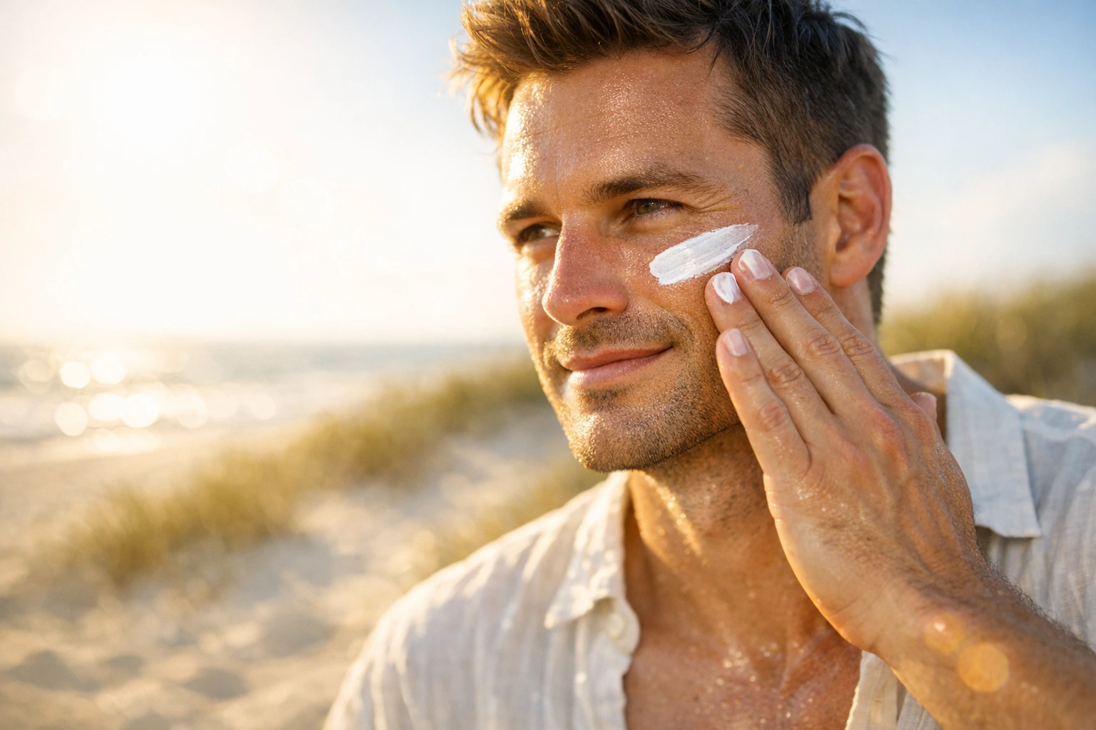Hombre aplicando protector solar al aire libre