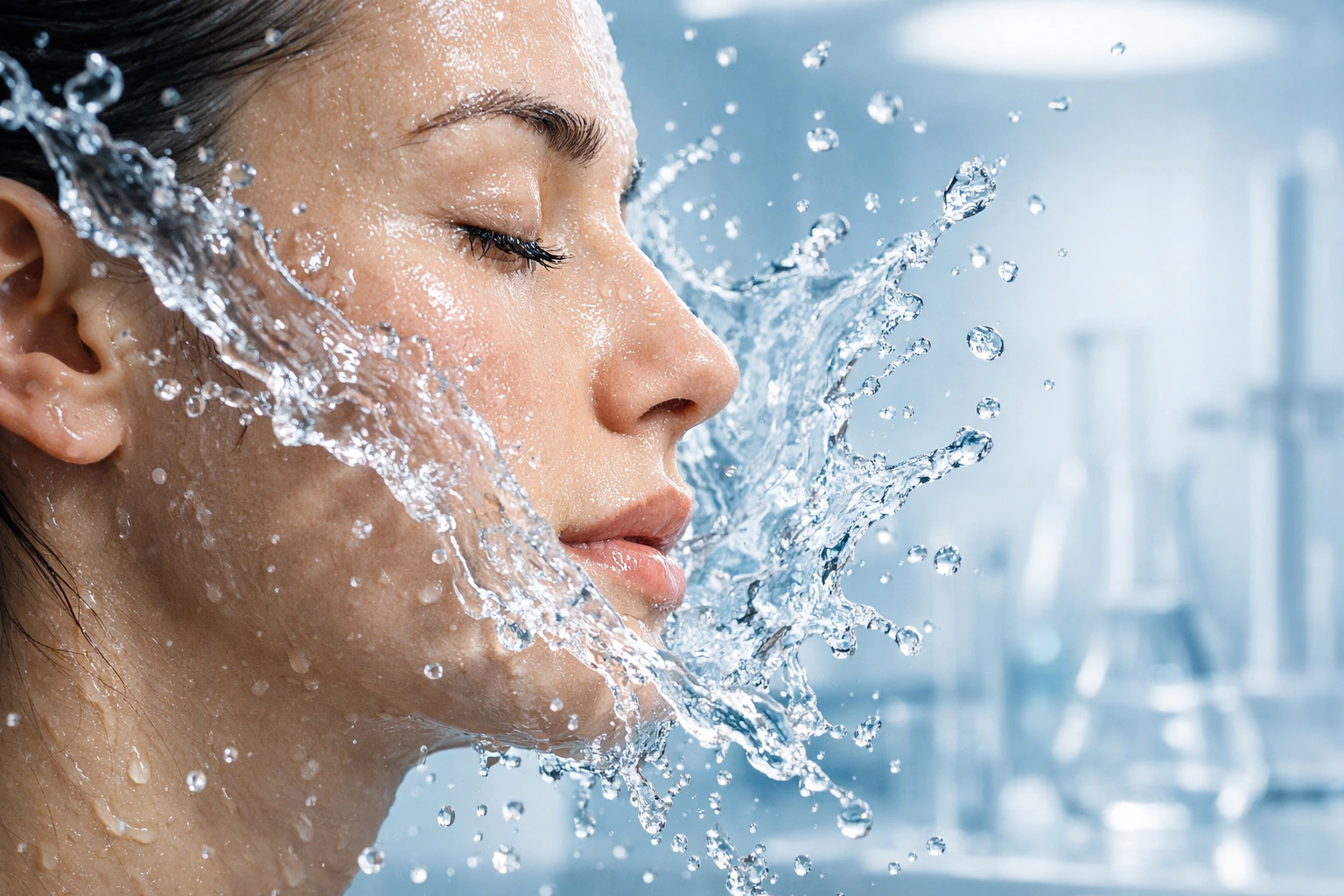 Water splash demonstrating clean skin washing face