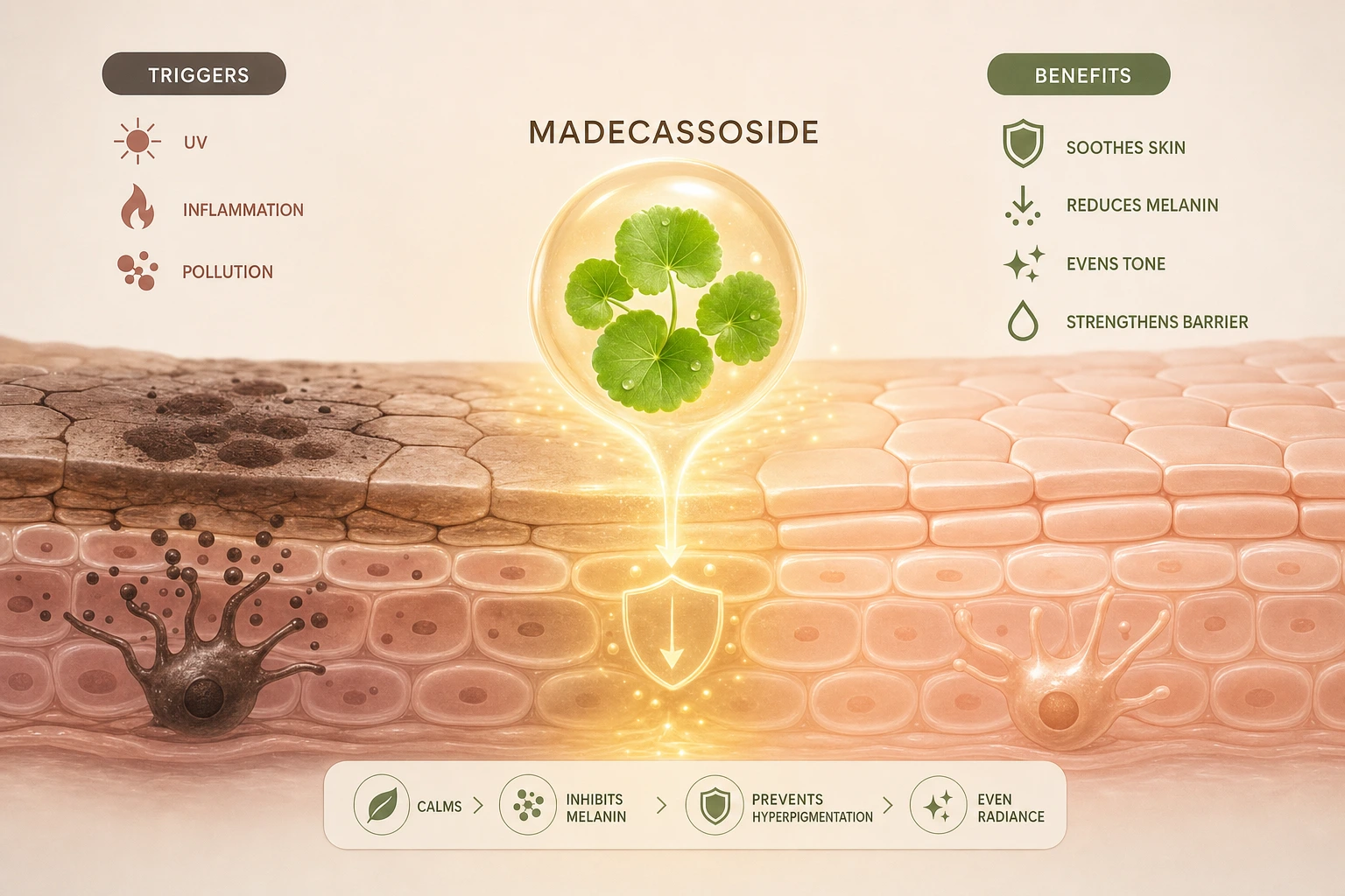 flat vector diagram showing madecassoside blocking UV-induced inflammation and melanin synthesis, neutral background