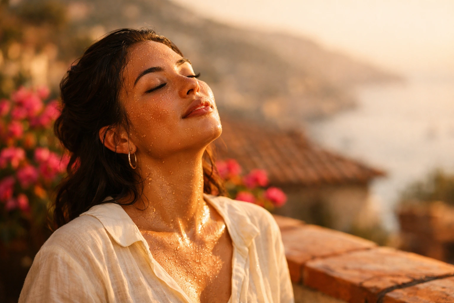 Latina woman with glowing skin in summer heat