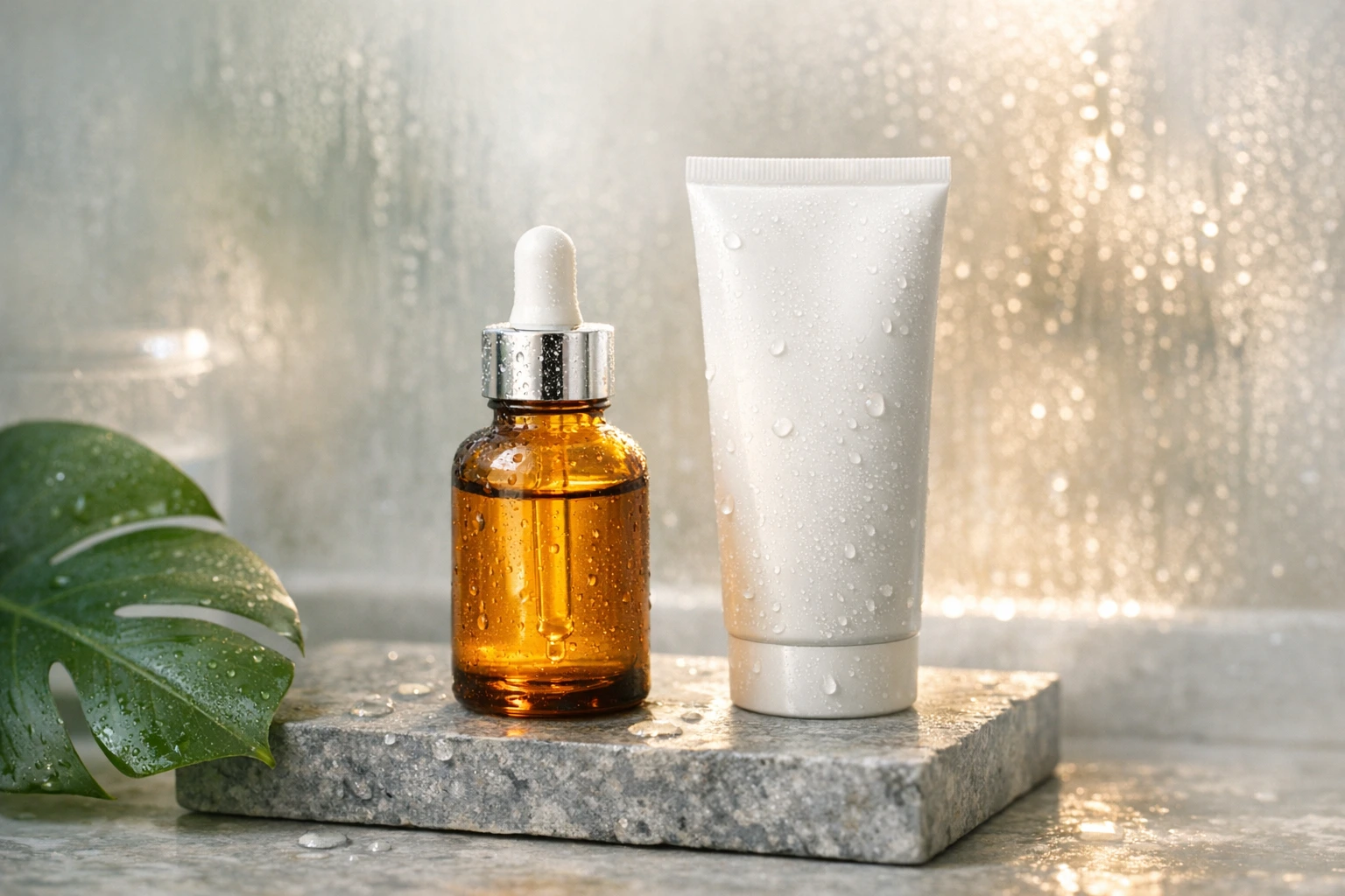 Skincare routine with serum and sunscreen
