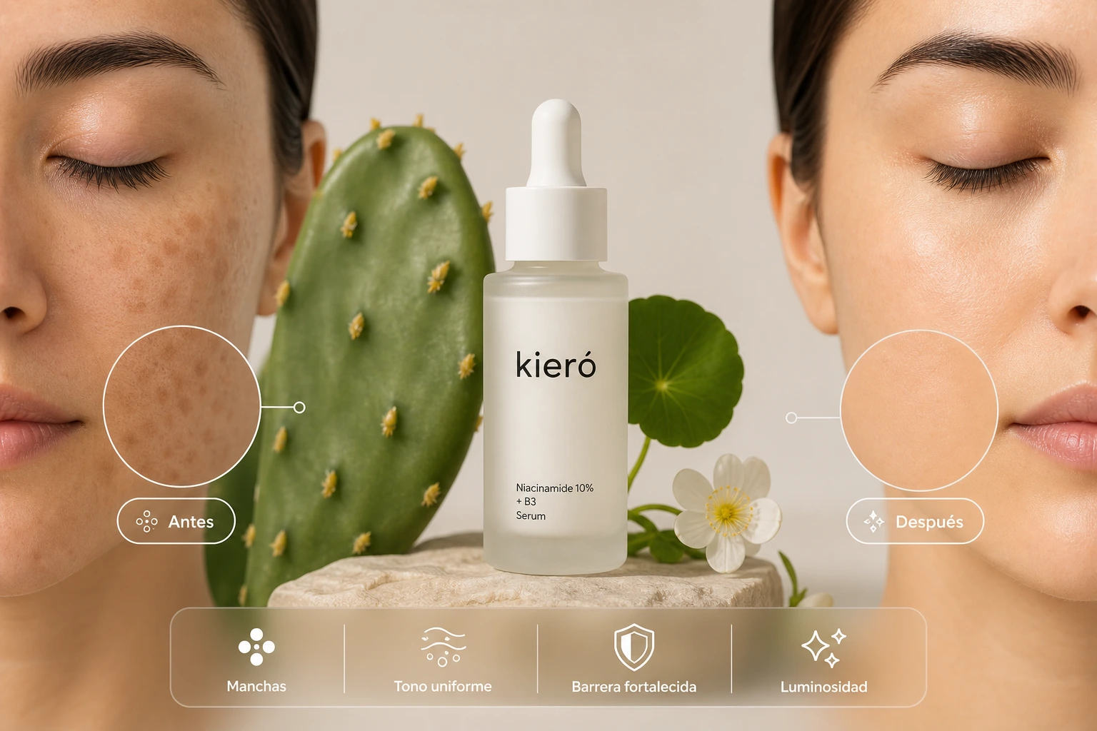 flat lay of a clear serum dropper with a drop of liquid, minimalist clinical background