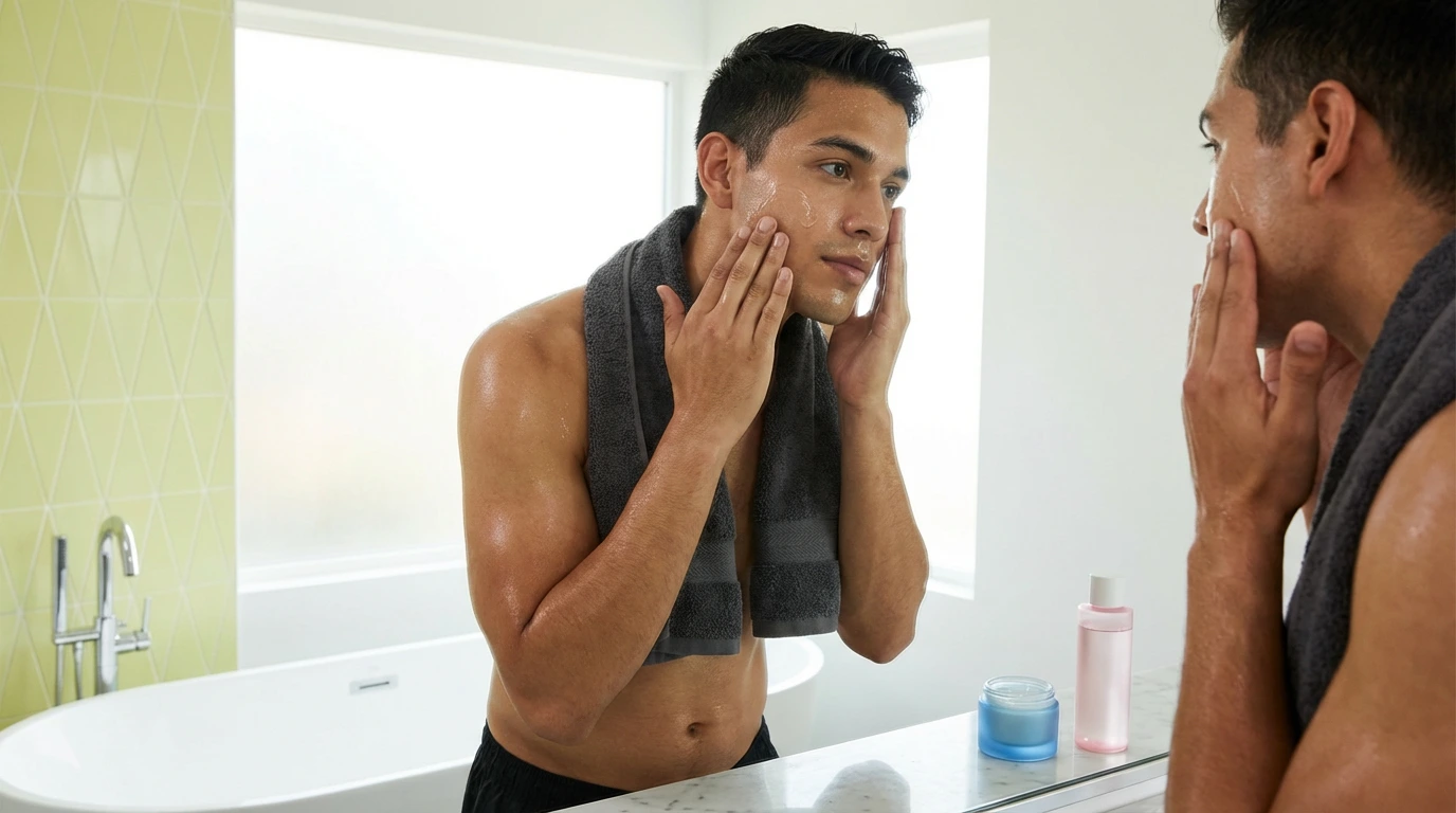 Man applying skincare post workout