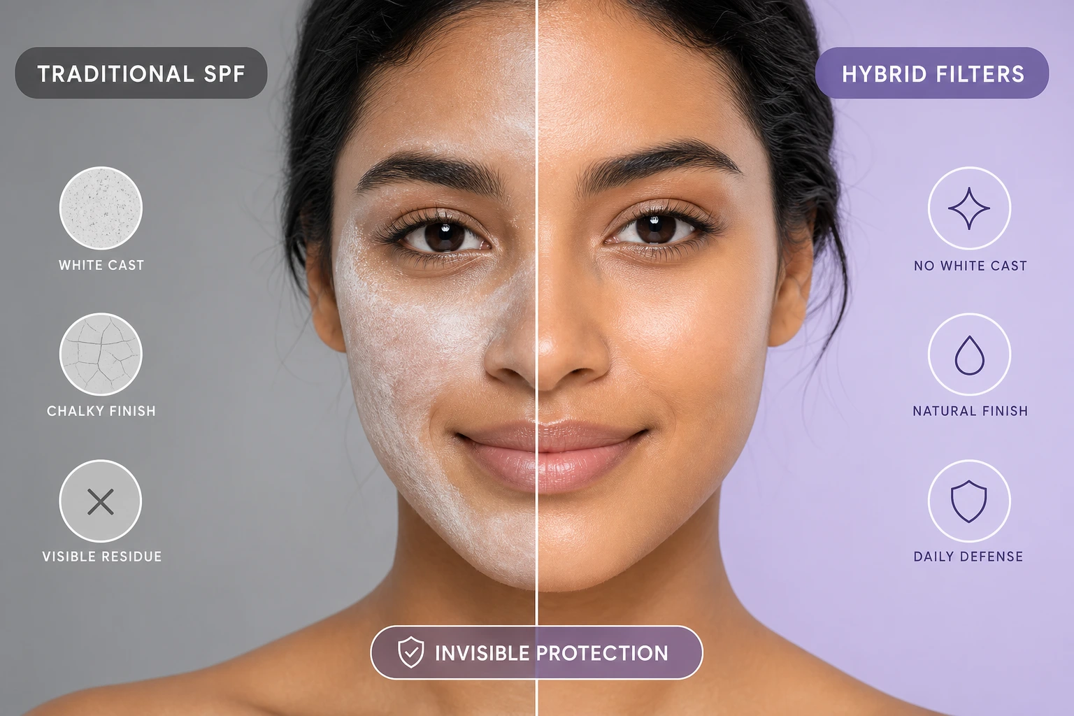 split screen showing traditional sunscreen white cast versus clear hybrid formula on melanin-rich skin