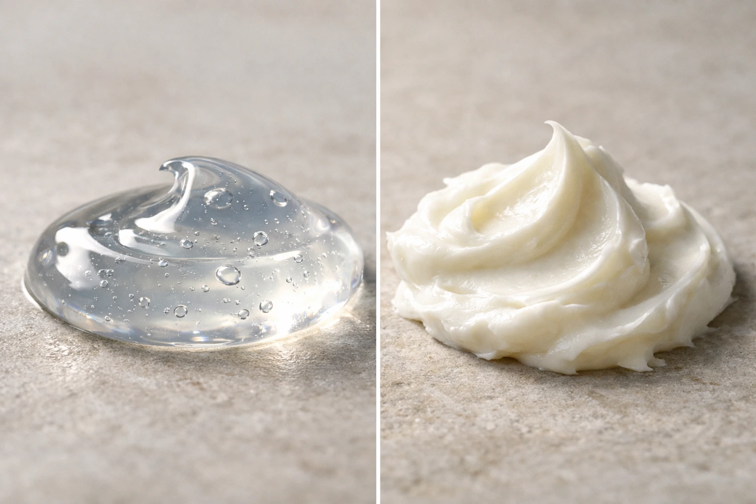 Comparison of skincare textures: lightweight gel vs heavy cream