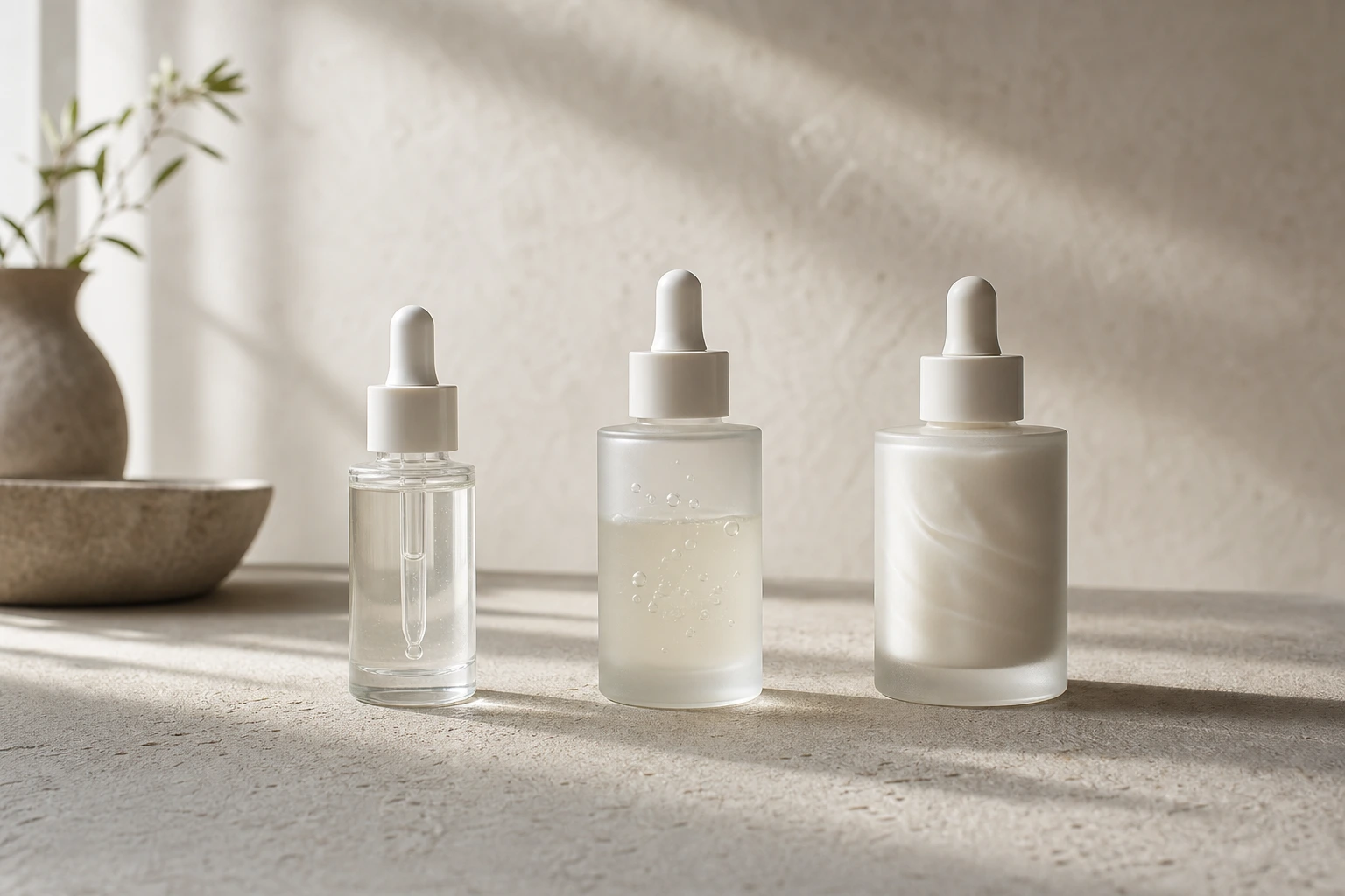 Flat lay of three skincare bottles arranged in order of application from thinnest to thickest