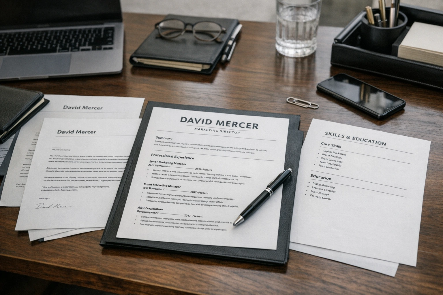 Premium resume packet on executive desk
