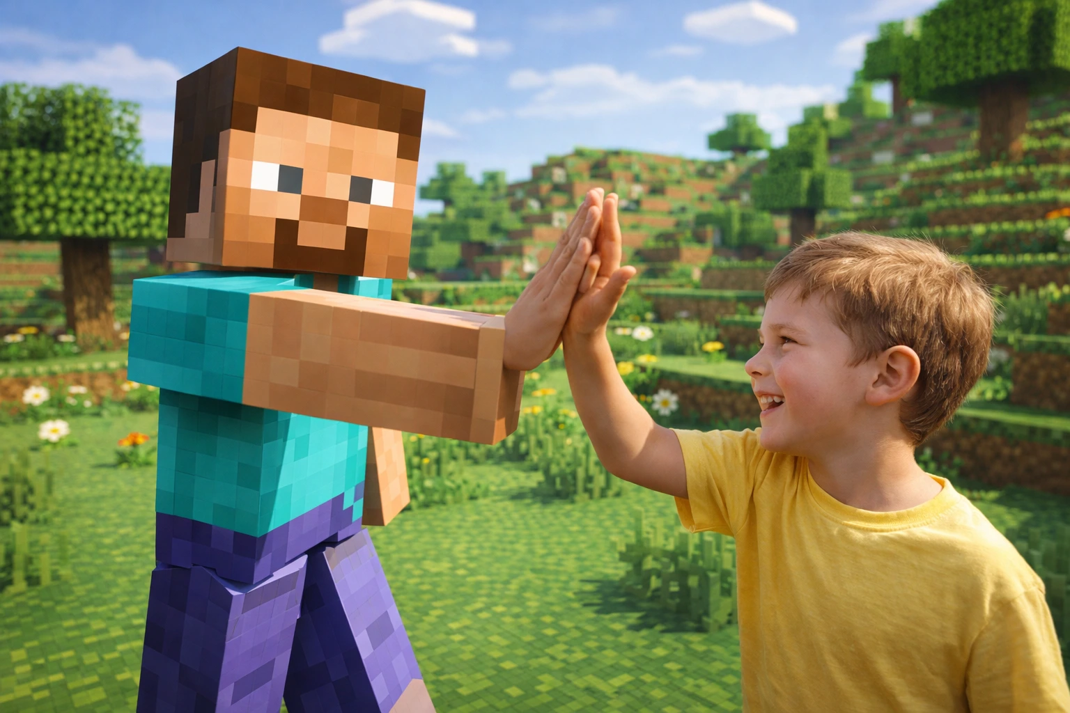 Minecraft character and kid high five
