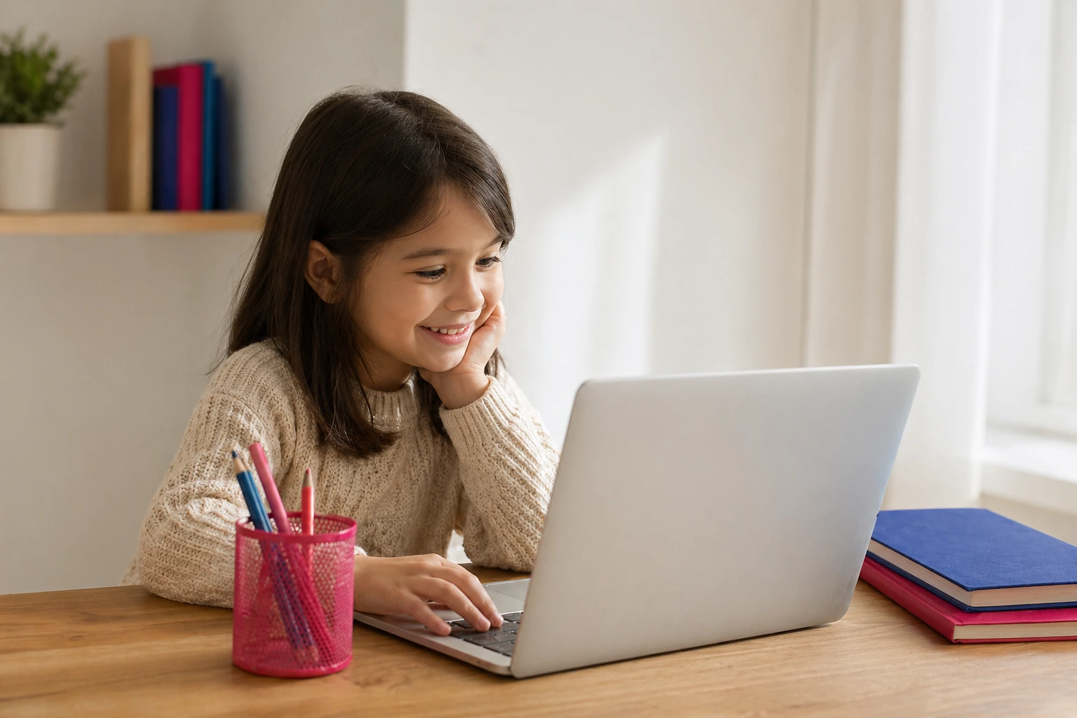 Confident Korean child speaking into headset