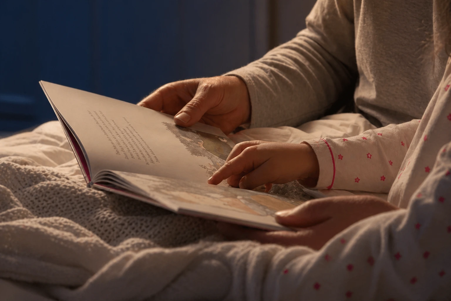 Parent and child reading a book together at bedtime