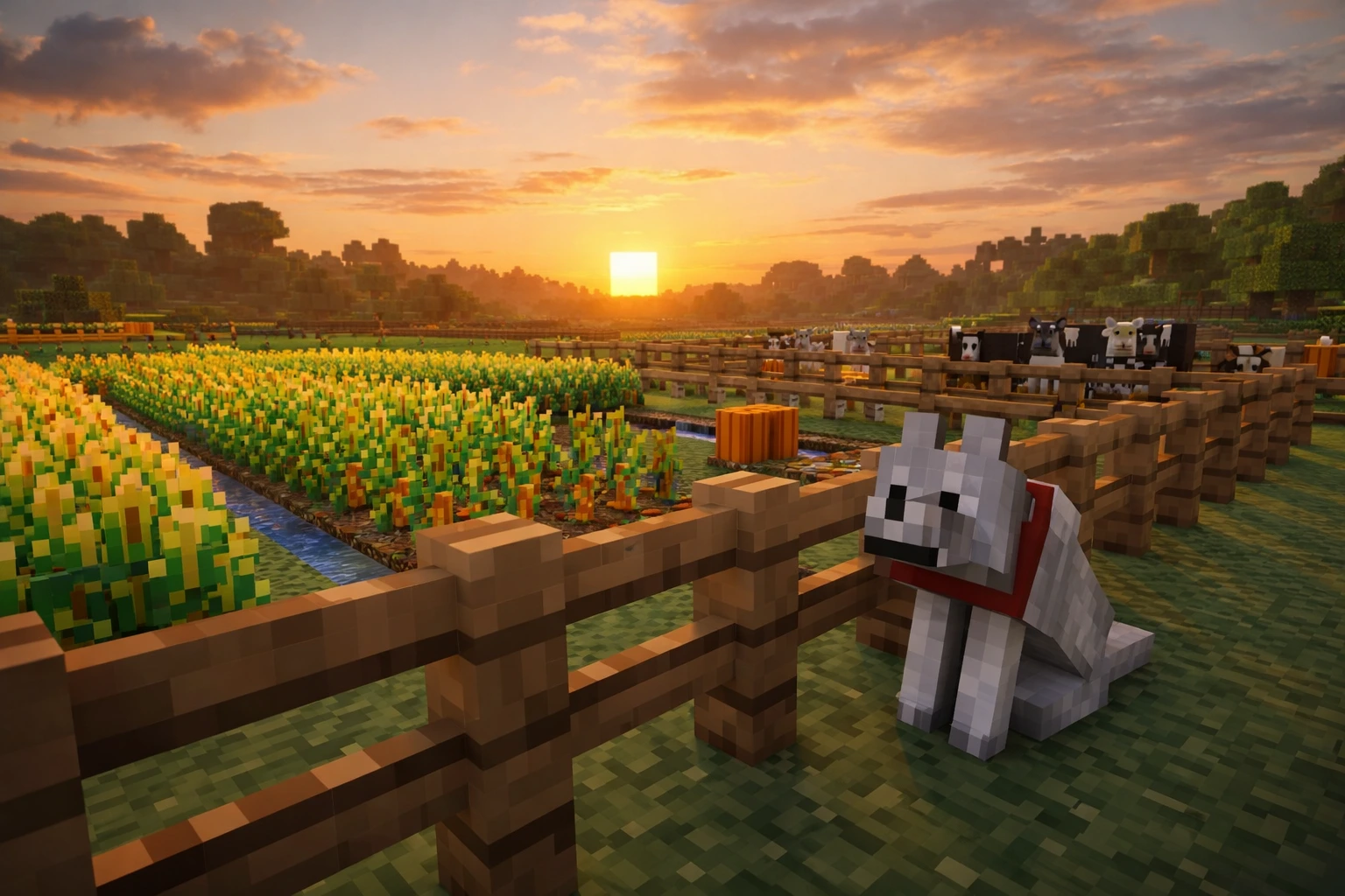 Minecraft farm with a tamed wolf