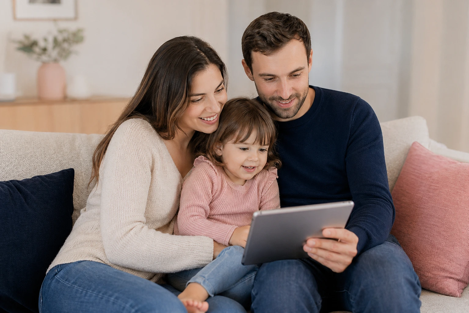 Family looking at tablet together