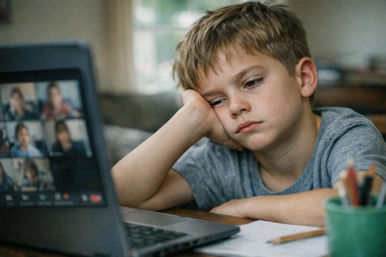 Child looking stressed during online video call