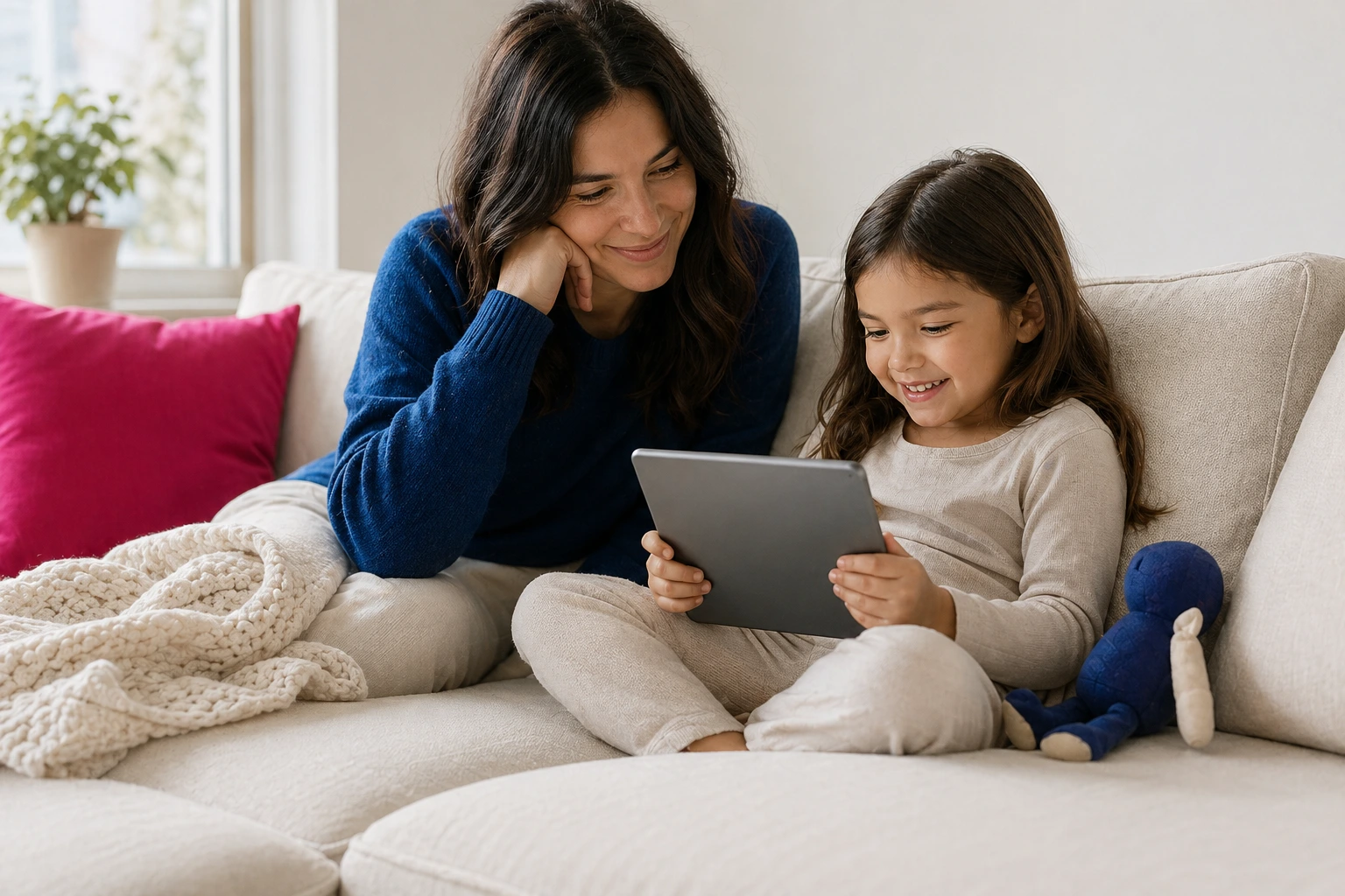 A child happily speaking English while playing a game on a tablet, parent looking on proudly