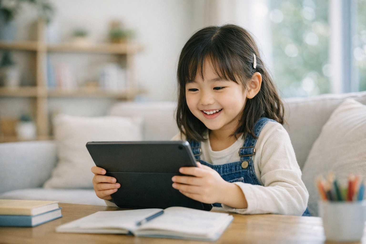 태블릿으로 즐겁게 영어 공부하는 아이