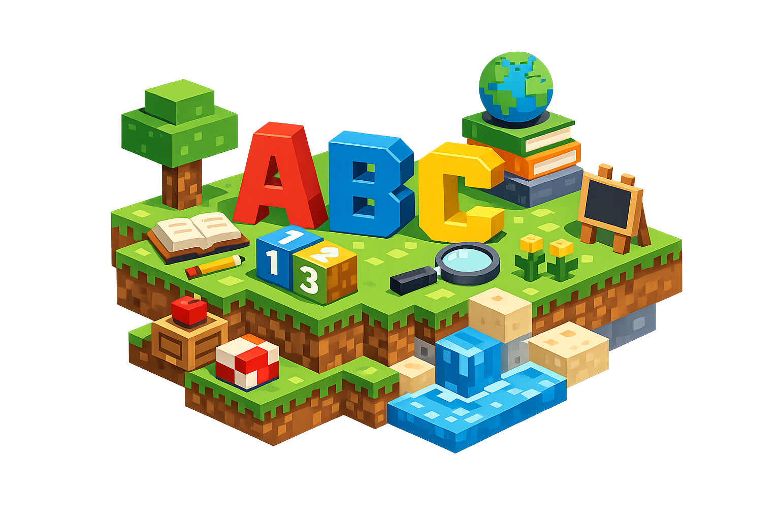 마인크래프트 스타일의 블록 세상과 영어 알파벳