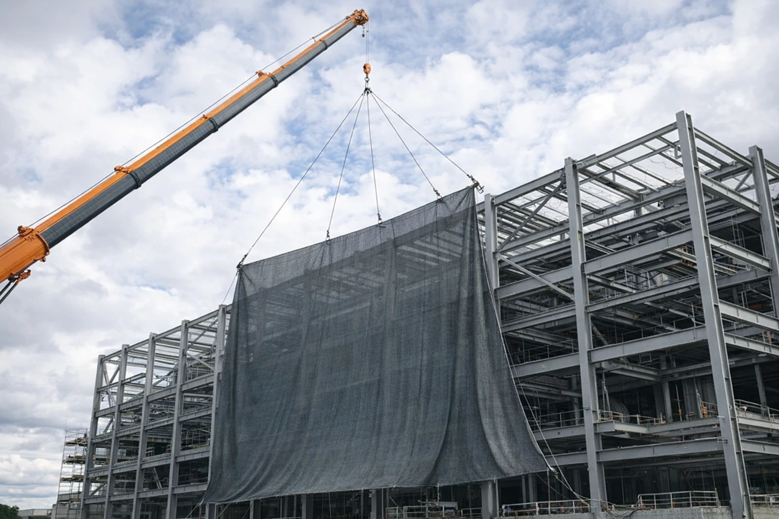 Crane installing large commercial shade cloth