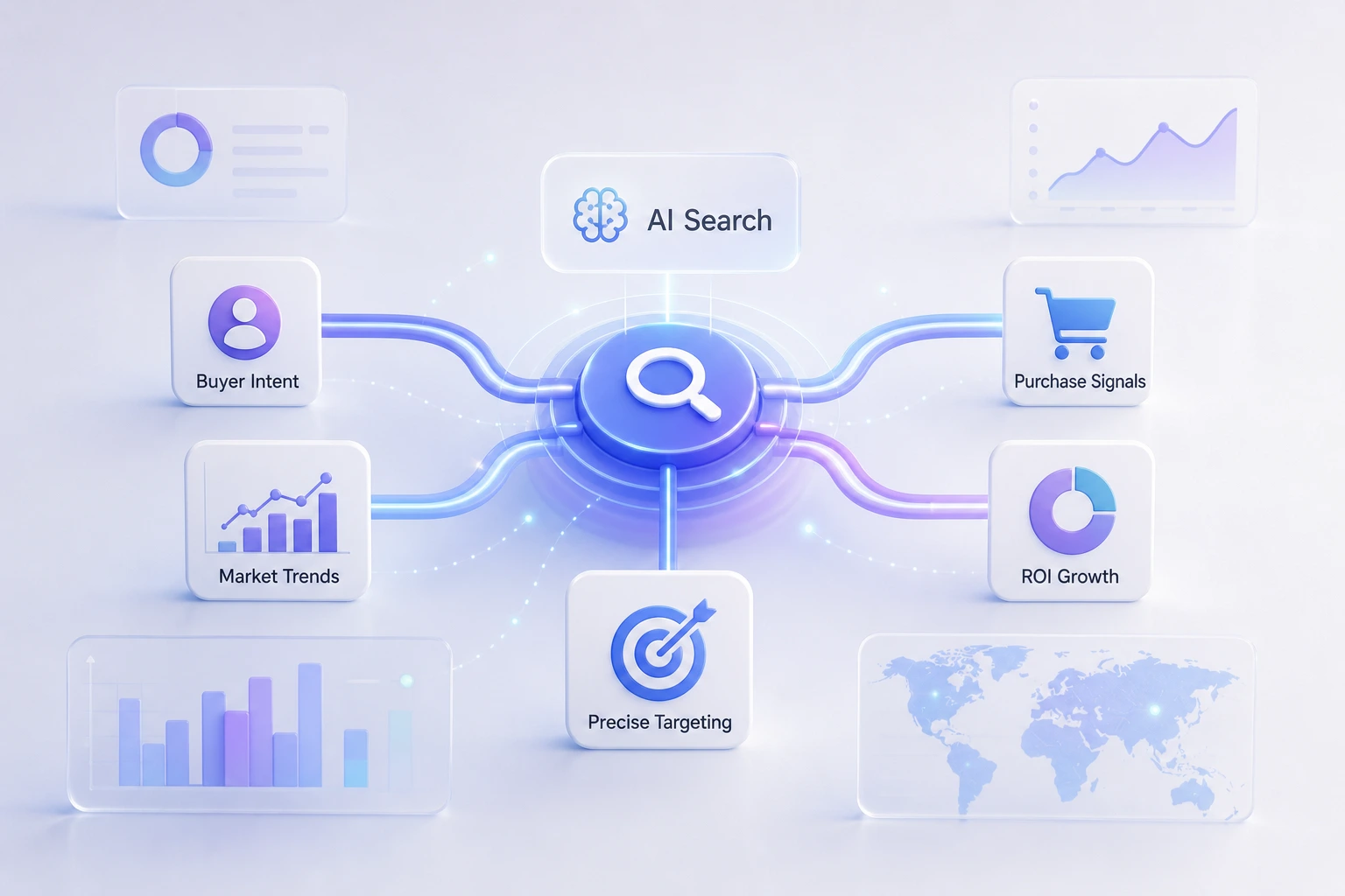 flat vector diagram of B2B buyer journey transitioning from traditional search to AI chat interfaces, neutral background