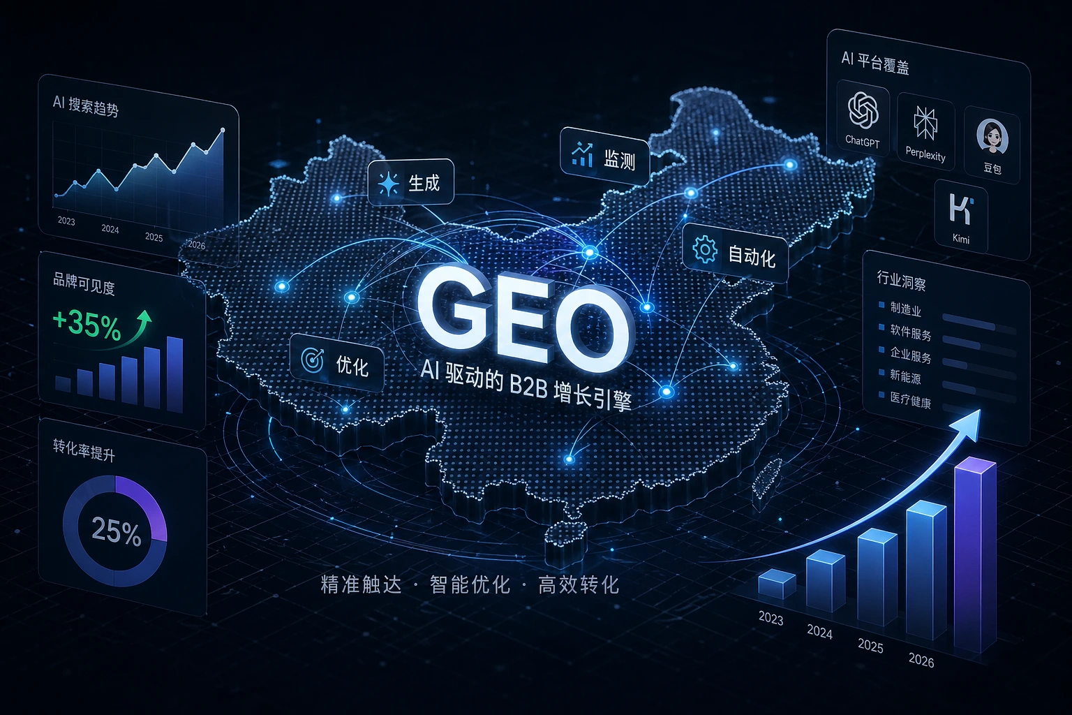 flat vector diagram illustrating the shift from traditional SEO to Generative Engine Optimization (GEO) with AI nodes and traffic flow, neutral background