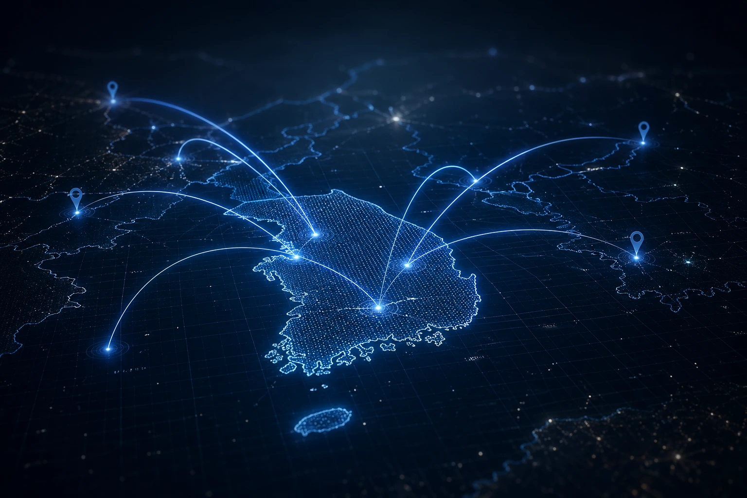 abstract visualization of programmatic local landing pages connecting to AI search engines, clean technical style
