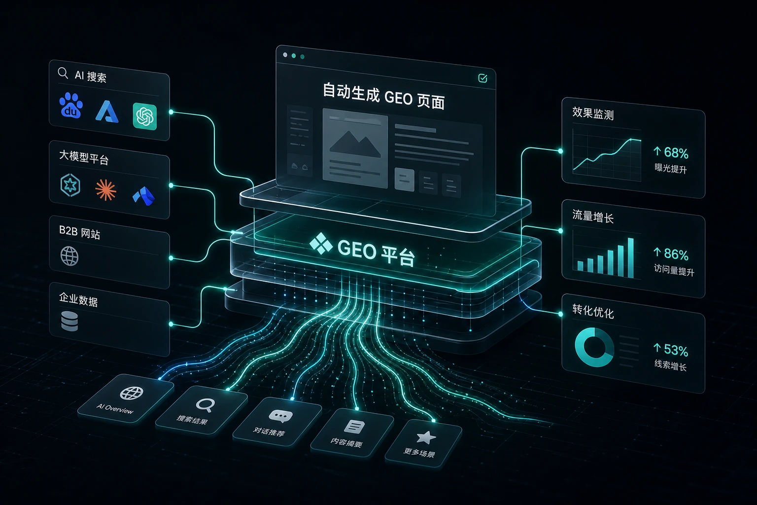 flat vector illustration of an automated content generation pipeline with AI nodes creating structured web pages, neutral background