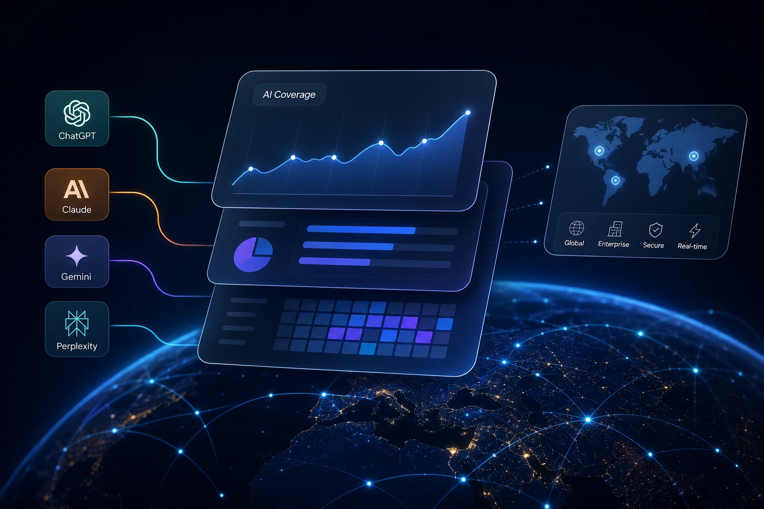 flat vector illustration of a global network connecting different AI engine nodes, neutral background