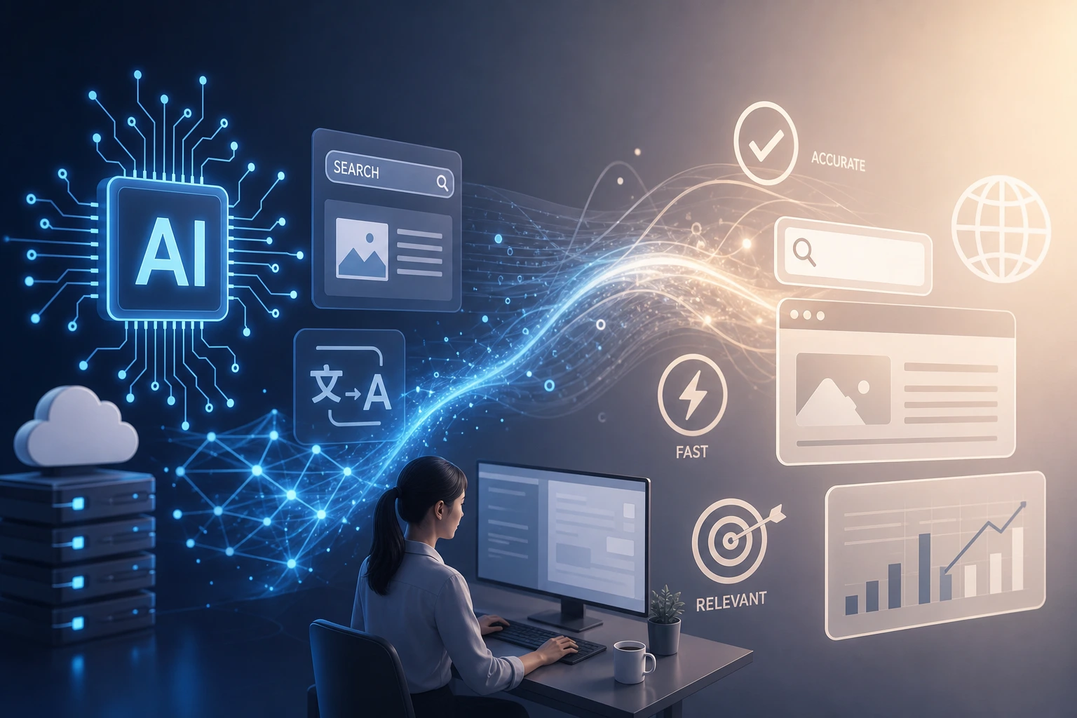 flat vector diagram comparing traditional search clicks versus AI direct answers, neutral background