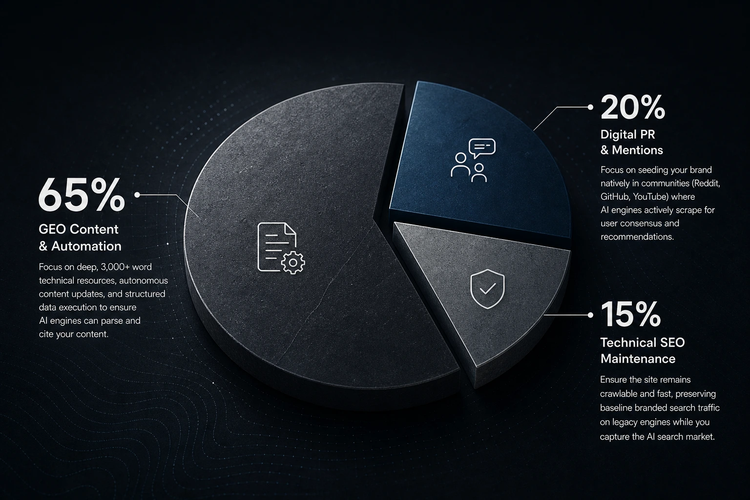 pie chart showing 65 percent GEO content, 20 percent digital PR, and 15 percent technical SEO, flat vector