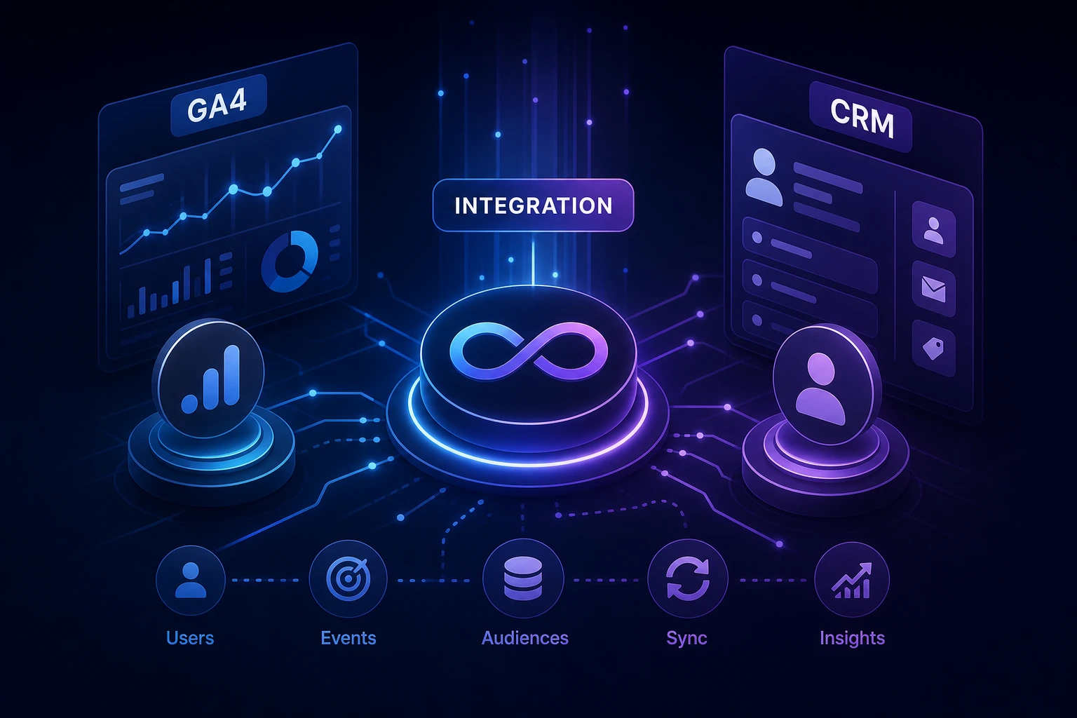 flowchart showing data moving from AI search to GA4 and CRM, clean vector illustration