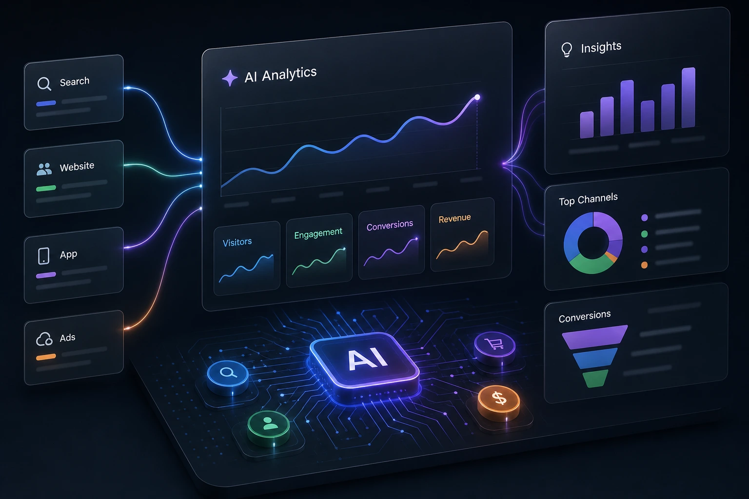 flat vector diagram illustrating four layers of AI search metrics: exposure, inflow, engagement, and conversion, neutral background