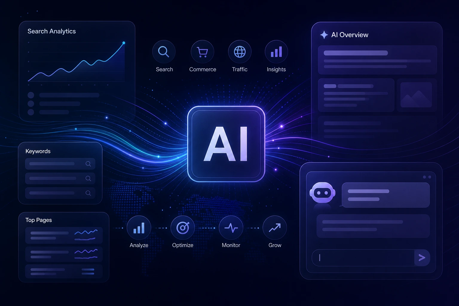 dashboard showing AI search visibility metrics and citation tracking, clean UI, light mode