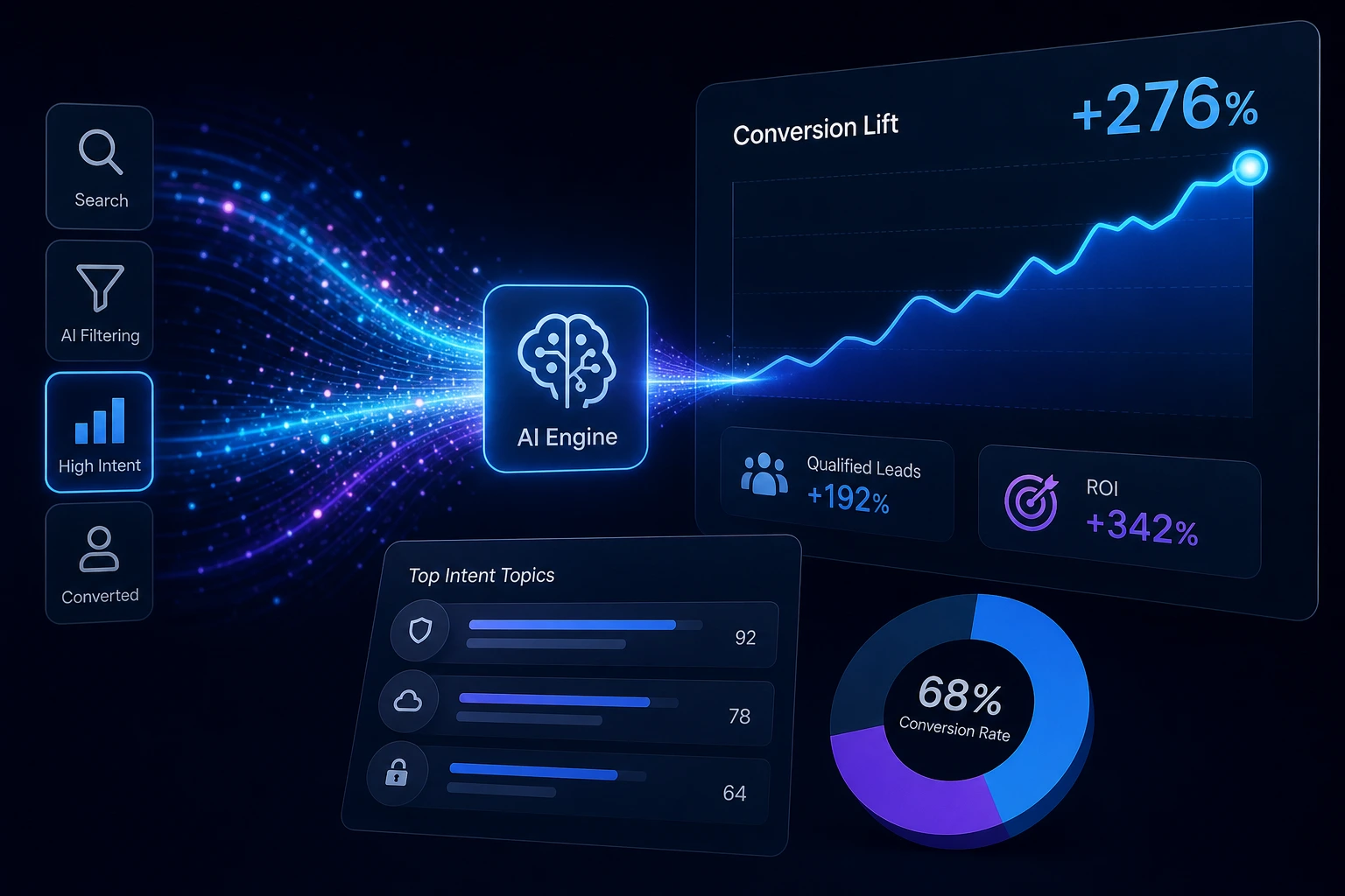 flat vector diagram showing conversion rate comparison between traditional search and AI search, neutral background