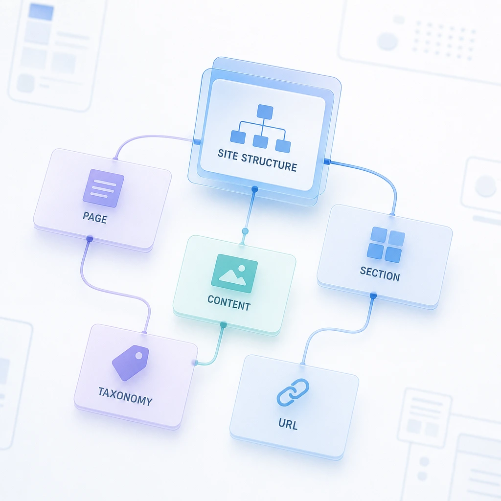 minimalist icon of scattered blocks forming a structured grid, neutral background