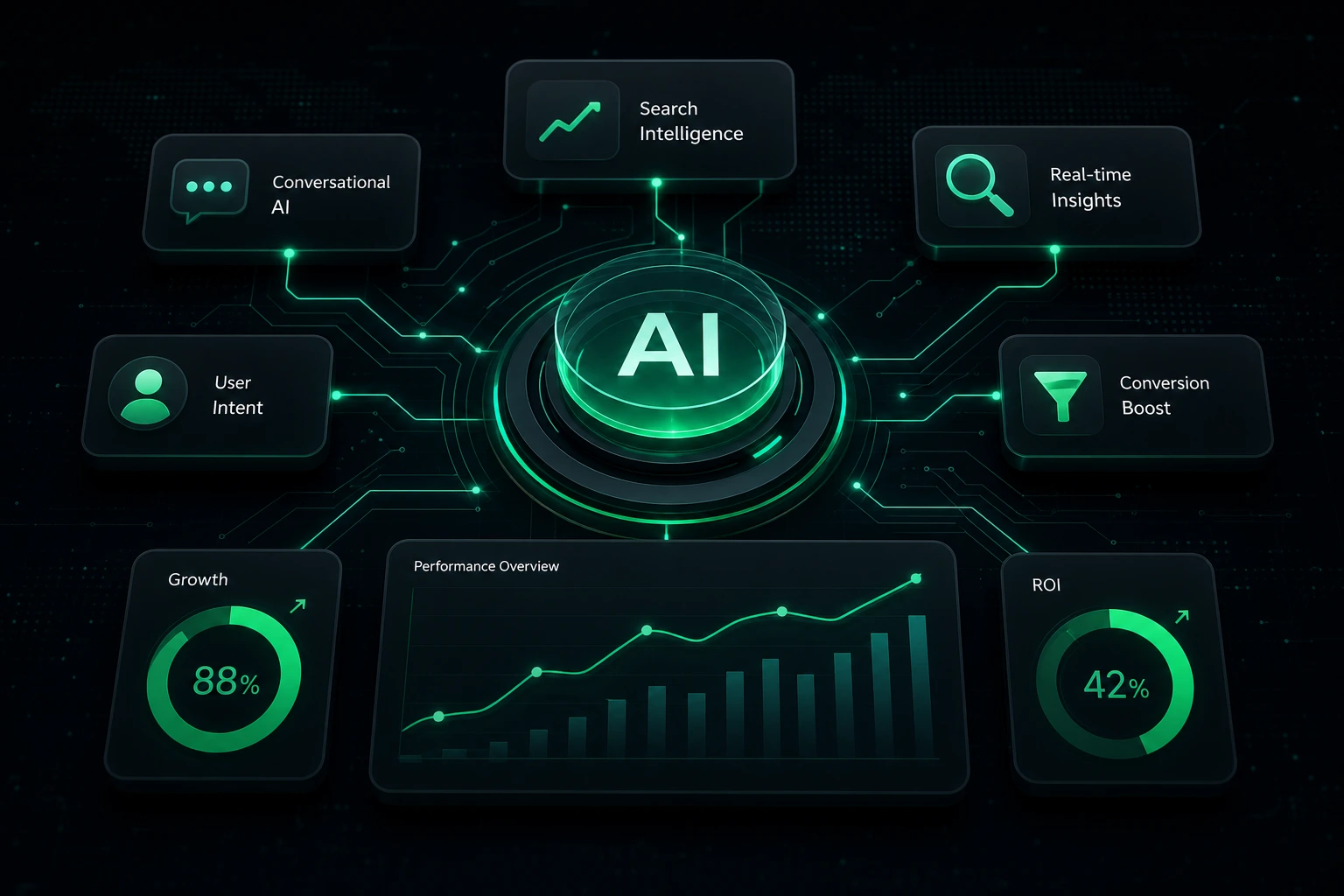 abstract vector illustration of a dashboard showing AI search citations and traffic growth, neutral background