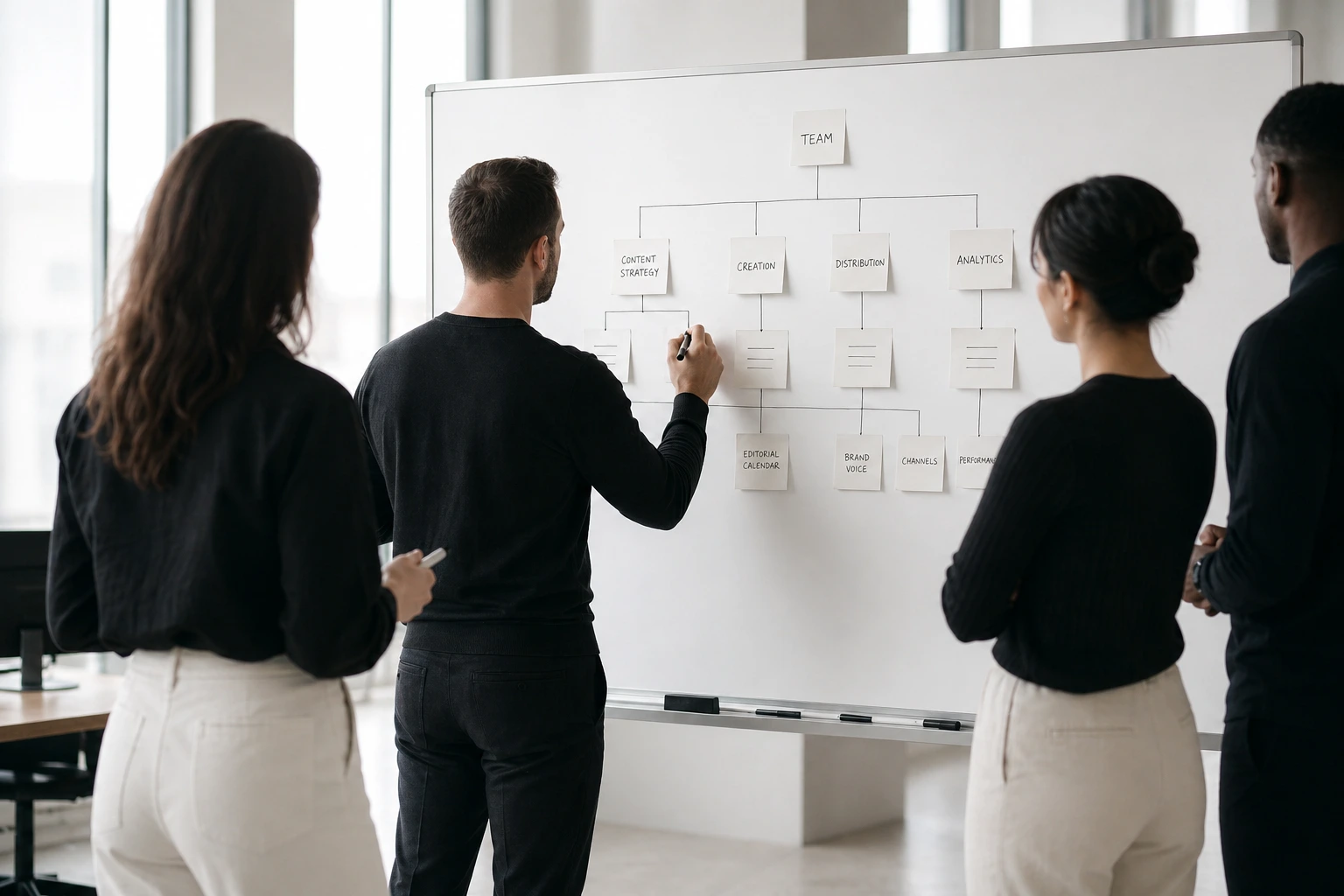 Modern B2B SaaS marketing team collaborating on content strategy