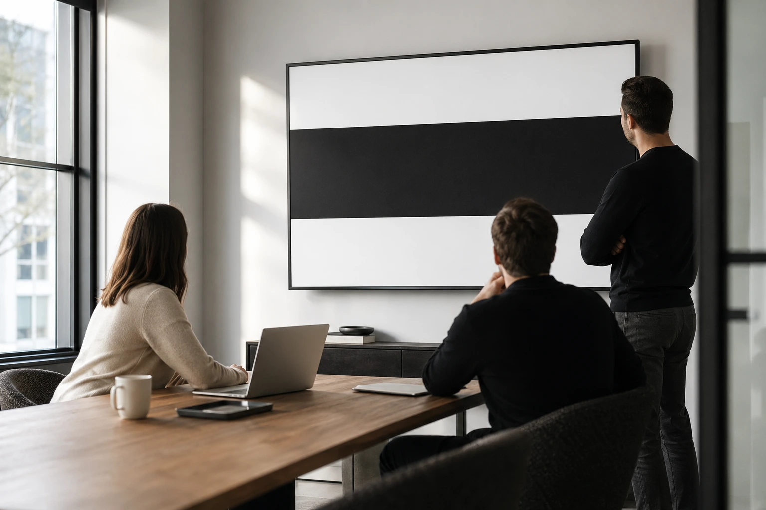 Professional marketing team analyzing data on a screen