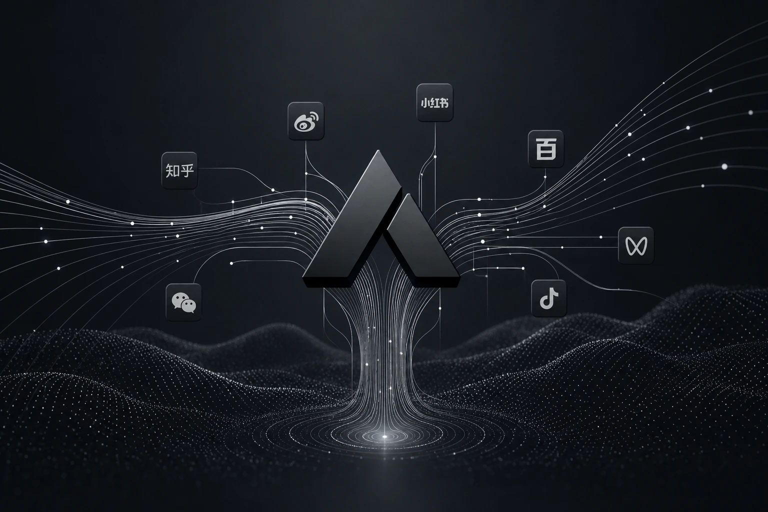 abstract data visualization showing data flowing from multiple social platforms into an AI engine, professional corporate style, light background