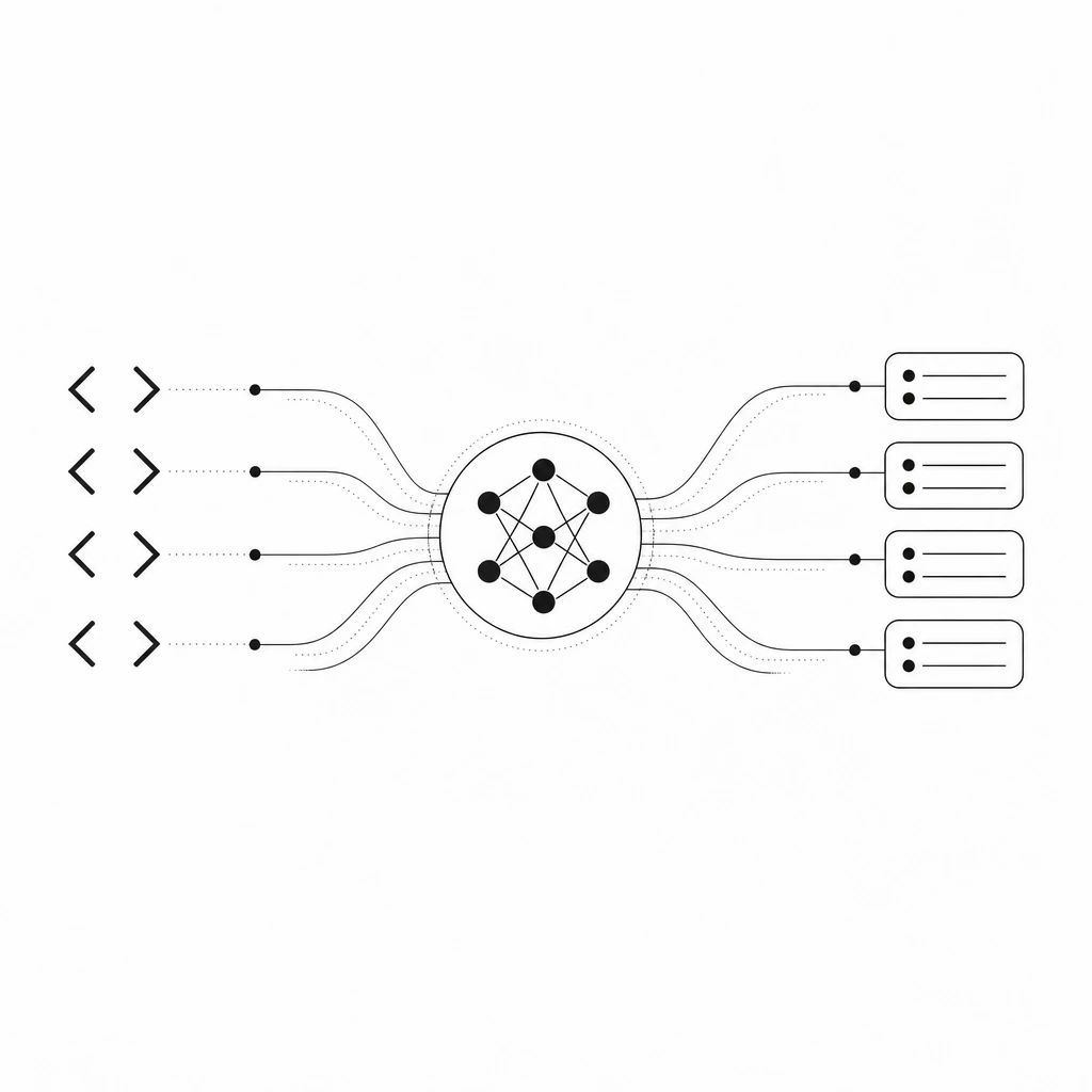 Technical illustration showing HTML tags and Schema markup transforming into AI knowledge